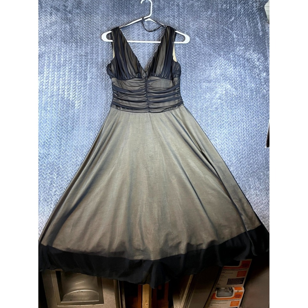 Connected Apparel Midi Cocktail Dress Women 8P Black Beige Mesh Overlay Back Zip